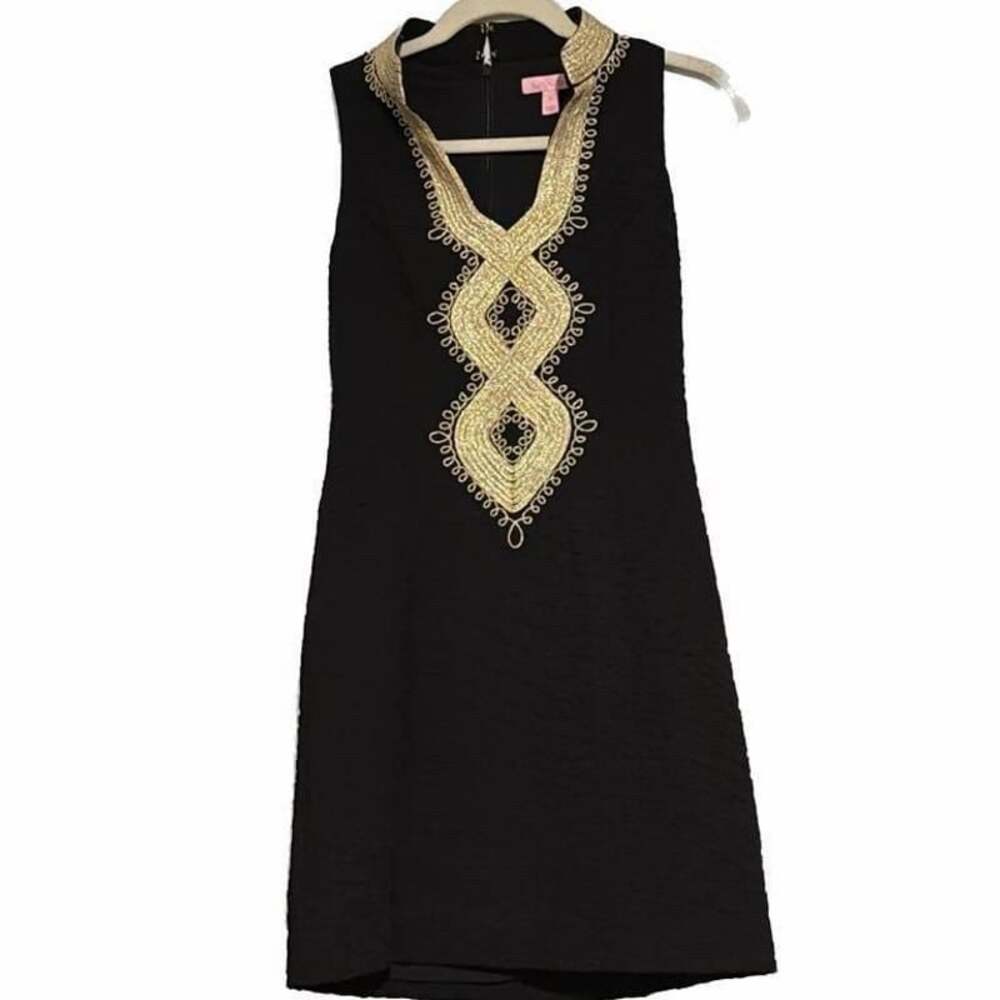 Lilly Pulitzer Alexa Shift Dress Black and Gold Embroidery Onyx Size 4 - Picture 5 of 5